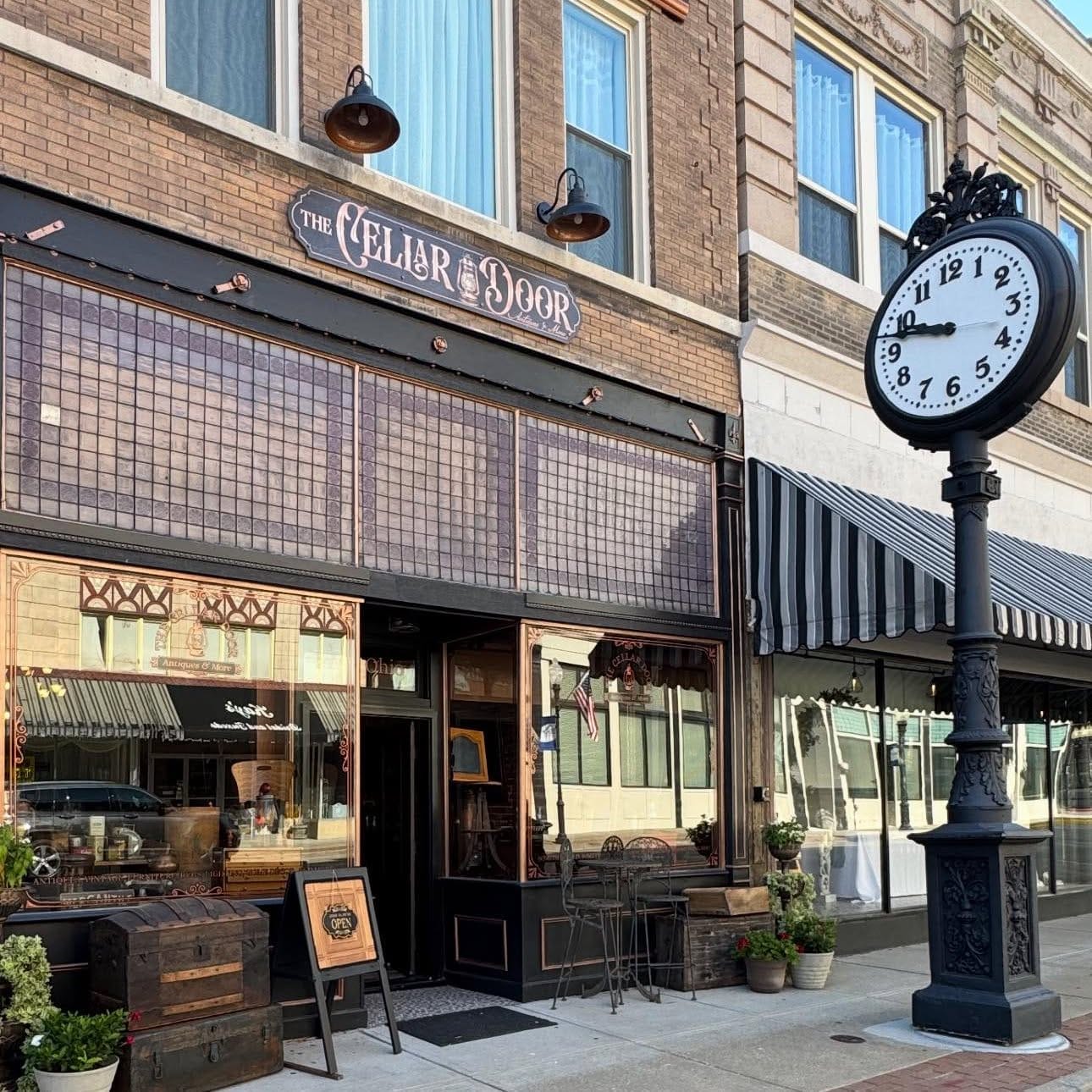 The Cellar Door Antiques and More storefront on South Ohio Avenue in downtown Sedalia, Missouri